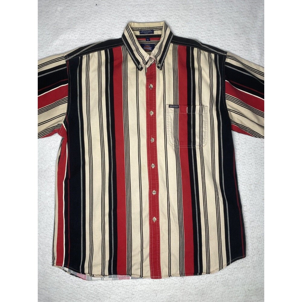 Vintage Dickies Pinstripe Work Shirt Mens L Tan Black Red Short Sleeve Y2K